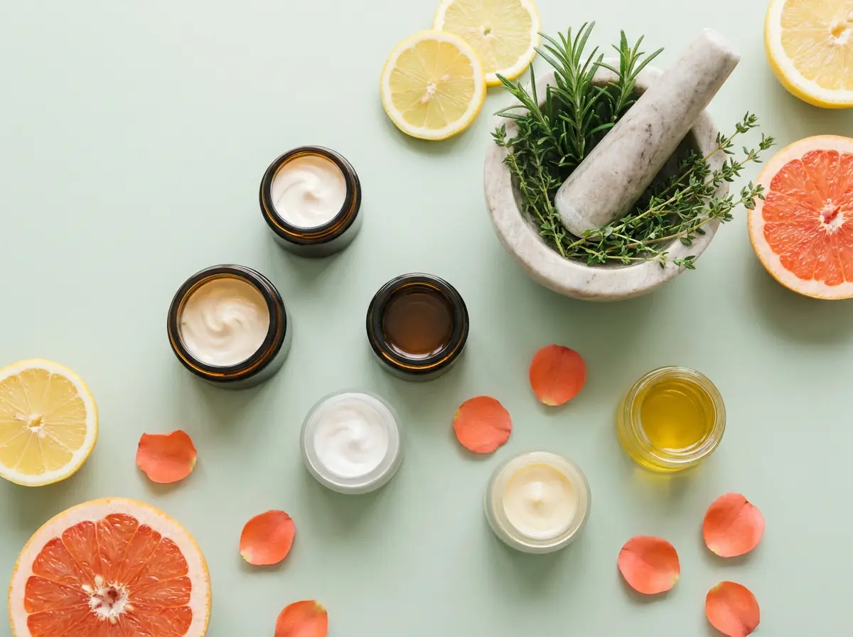 Organic botanical skincare — glass jars, herbs and coral petals on a sage surface