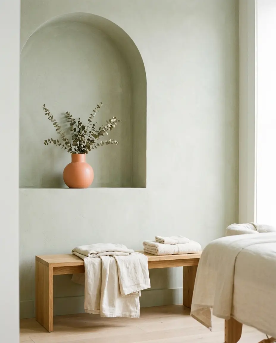 A treatment room at Serene Day Spa — sage-green arched alcove, oak bench and cream linens